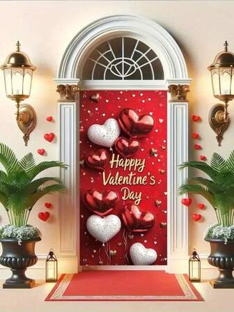 1 pieza Cortina de puerta 2D, Cortina del Día de San Valentín con globos rojos y blancos y diseño de letrero de "Feliz Día de San Valentín", Decoración de cortina para el Día de San Valentín, Adecuada para el hogar y la decoración sorpresa de vacaciones