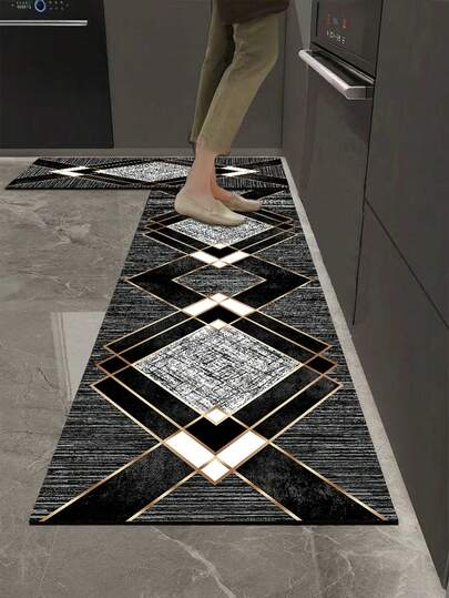 1pc Silica Gel Kitchen Floor Mat, Main Body With Repeated Diamond Pattern, Filled With Black And White Blocks, Outlined With Gold Lines To Add Sophistication; Diamond Shapes Have Textured Details (Similar To Distressed Texture) Inside