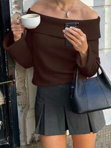 Women's Spring Valentine's Day Casual Off Shoulder Knit Sweater, Brown Long Sleeve Cute Pullover - Brown - View 4