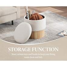 Chairus Round Ottoman Stool In Linen & Wood Footstool With Lid, Storage Pouffe For Living Room/Bedroom - Beige - View 3