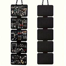 优雅黑色毛毡首饰收纳袋 - 五层大容量悬挂式收纳袋，可折叠设计，适用于耳环、吊坠、项链、手链、徽章和奖章 - 多功能展示袋，带挂绳，耐用毛毡材质，分隔式配件收纳盒，时尚配件收纳盒 - 黑色 - 查看 2