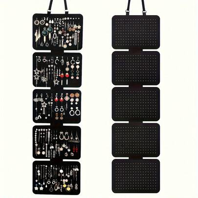 Elegant svart filtväska för smycken - 5-lagers hängande förvaringsväska med stor kapacitet, vikbar design, lämplig för örhängen, hängen, halsband, armband, märken och medaljer - multifunktionell displayväska med upphängningssnöre, slitstarkt filtmaterial, delad tillbehörsorganisatör, snygg förvaringslåda för tillbehör