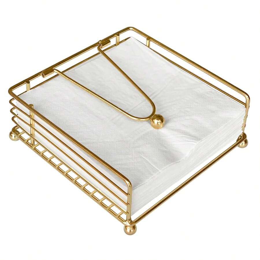 Iron Vertical Square Napkin Holder, Tissue Paper Rack, Tissue Storage Organizer, Napkin Holder For Table, Flat Napkin Dispenser With Weighted Arm, Square Cocktail Paper Holder Of Elegant Rustic Iron For Kitchen Dining Room Decor Restaurant Farmhouse Hotel Party, Gold - Gold - View 1