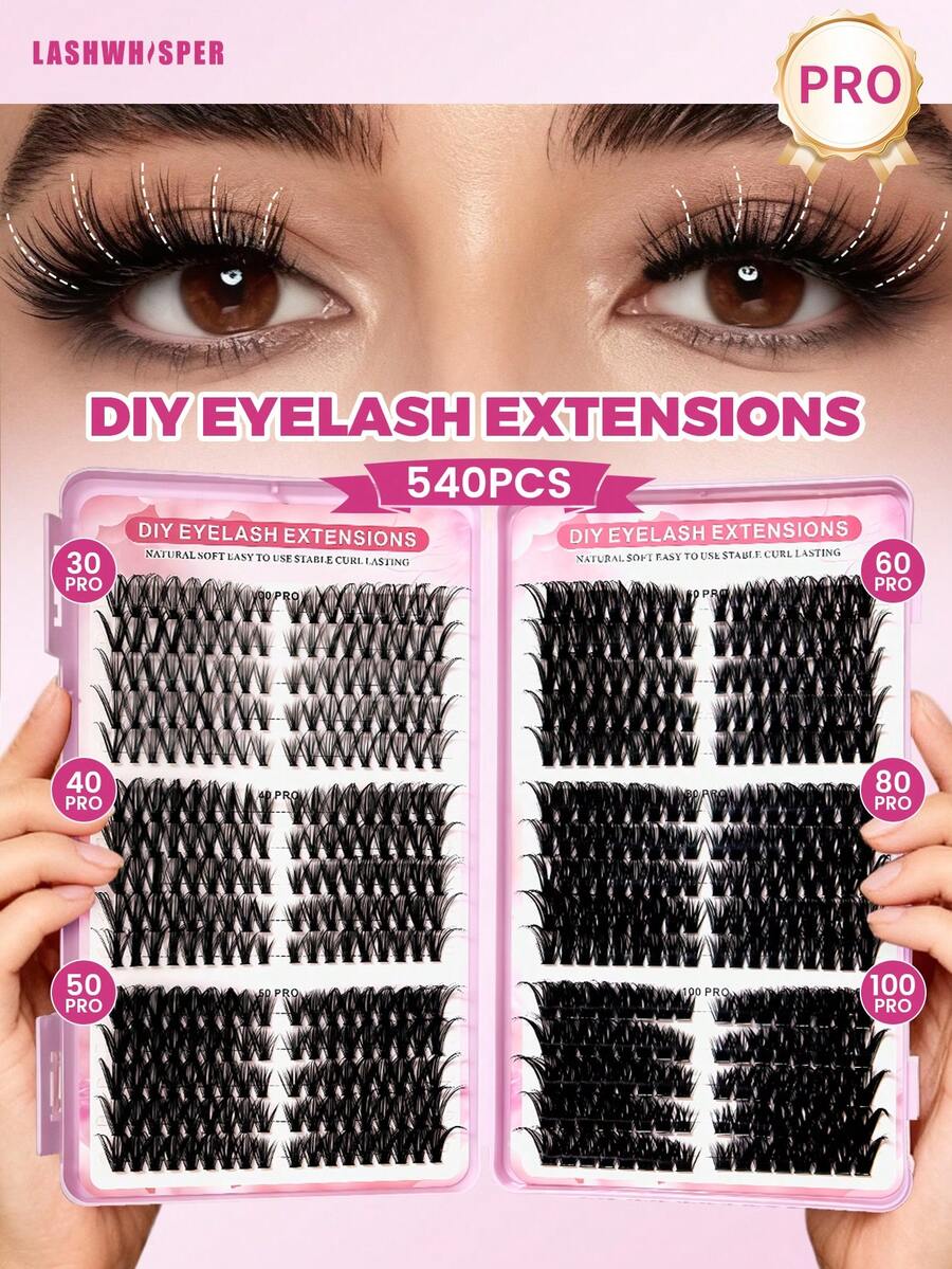 DIY睫毛嫁接套装 - 560根30D/40D/50D/60D/80D/100D D型卷翘度9-16毫米自然蓬松单根假睫毛，含睫毛刷，适用于家庭和美睫沙龙使用 - 粉色 - 查看 1