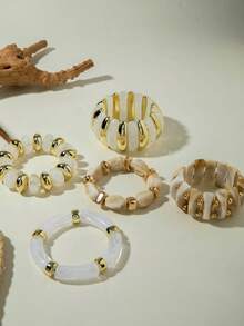 imoli Bộ 5/6 chiếc vòng tay nữ hình học cổ điển đính hạt CCB hình ống cong giả ngọc trai tối giản, đa năng, phù hợp đeo hàng ngày, thường ngày, dự tiệc, làm quà tặng - Nhiều màu - Xem 5