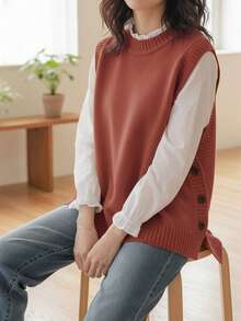 Cozy Cuff Sweater Vest - Soft, Sleeveless, Solid Color Knit Vest For Spring And Fall, Comfortable Casual Women's Wear For Everyday Wear - Redwood - View 3