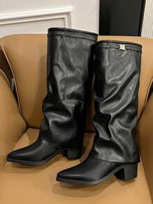 Botas altas de talla grande de otoño 2025, botas de mujer con tacón grueso adelgazante y sin brillo, botas de moda - Negro - Ver 13