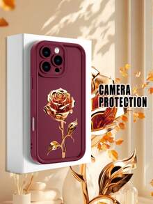 1 pieza funda de teléfono con diseño de rosa dorada sobre fondo negro, estilo elegante y sofisticado ideal para San Valentín y regalos especiales, TPU suave, protección completa antiimpacto y antideslizante, compatible con iPhone17 ProMax/16/15/14/13/12/11/Plus/Pro/ProMax, compatible con Galaxy A34/A35/A54/A55, Galaxy S20/S21/S22/S23/S24/S25 Ultra/Plus, compatible con Galaxy/Redmi/Honor/OPPO/ViVo - Burdeos - Ver 1
