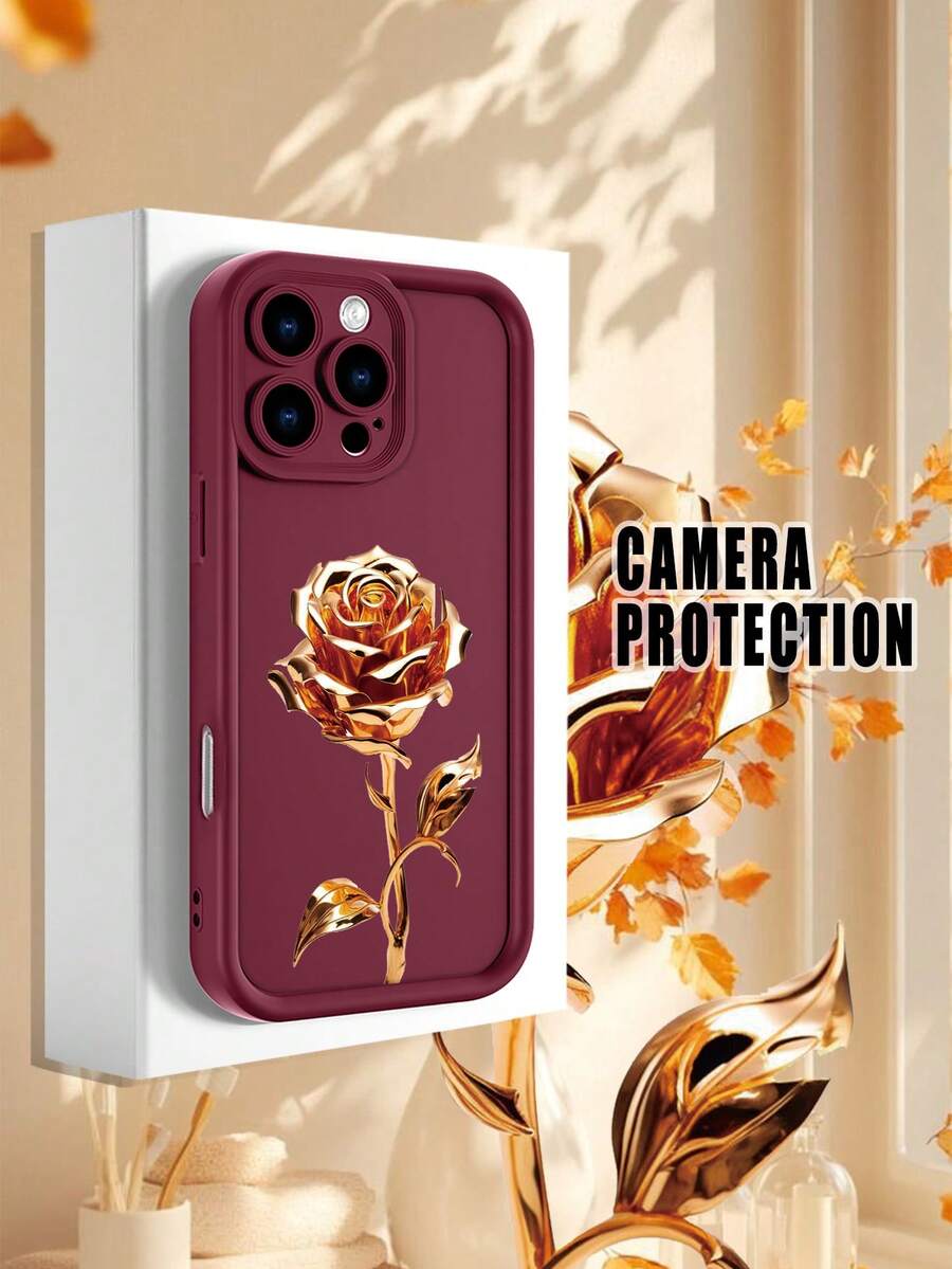 1 pieza funda de teléfono con diseño de rosa dorada sobre fondo negro, estilo elegante y sofisticado ideal para San Valentín y regalos especiales, TPU suave, protección completa antiimpacto y antideslizante, compatible con iPhone17 ProMax/16/15/14/13/12/11/Plus/Pro/ProMax, compatible con Galaxy A34/A35/A54/A55, Galaxy S20/S21/S22/S23/S24/S25 Ultra/Plus, compatible con Galaxy/Redmi/Honor/OPPO/ViVo - Burdeos - Ver 1