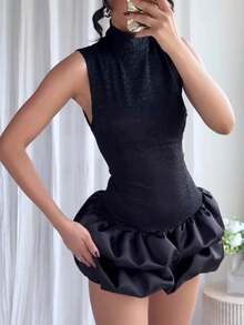 Elegant Lace Splicing Dress For Women Sleeveless High Neck Sexy Mini Dresses Female Chic Party Vintage Woman Evening Dress Black Summer - 黑色 - 查看 2