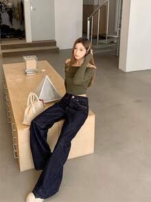 女士口袋直筒宽松休闲百搭牛仔裤 春季款 - 深藍色 - 查看 3