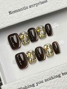 10 piezas de uñas postizas cuadradas hechas a mano, uñas marrones deslumbrantes con efecto de ojo de gato, con gemas de diamante y piedras en forma de estrella incrustadas, con polvo brillante, de estilo lujoso y elegante, adecuadas para fiestas, uso diario y citas, aptas para vacaciones en la playa y tropicales, reutilizables, como regalo para mujeres y niñas, suministros de uñas - Marrón - Ver 5