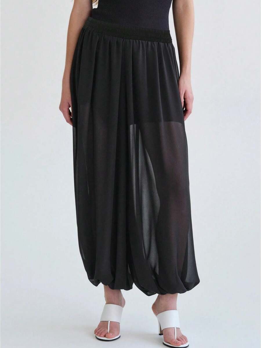 Women's Sheer Mesh High Waisted Wide Leg Pants Two Layered Baggy Lantern Trouser See Through Y2K Streetwear - màu đen - Xem 1