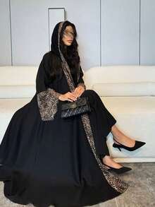 两件套女士夏季豹纹拼接睡袍配头巾套装 黑色 春季 - 黑色 - 查看 2