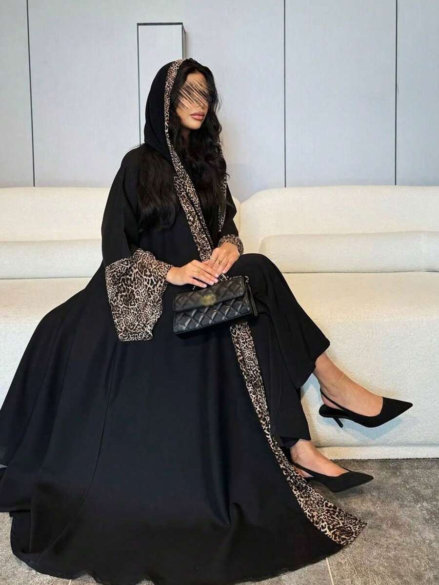 两件套女士夏季豹纹拼接睡袍配头巾套装 黑色 春季