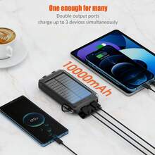 10000mAh Solar Power Bank, With Dual USB Output Ports, Type-C Output/Input For Efficient Charging, Built-In LED Bright Flashlight, Compass And Climbing Buckle, Mobile Phone Accessory For Travel And Camping, Compatible With Most Electronic Products - màu đen - Xem 4