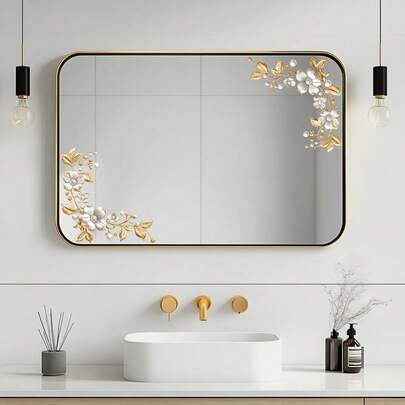 Espejo de baño de tocador de lujo con pegatina de espejo de vidrio con flores y perlas doradas, elegante calcomanía 2D, pegatina de decoración de vidrio de baño tipo spa, agrega un ambiente encantador y relajante a tu ducha