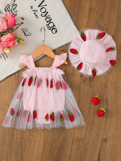 2pcs/Set Baby Girls Cute Strawberry Fruit Element Mesh Cap Sleeve Bodysuit And Hat