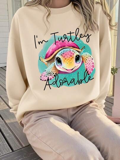 1PC Girl Cute Oceanic Style Cartoon Turtle Print Crew Neck Sweatshirt, Soft And Comfortable, Spring Autumn Daily Casual Wear