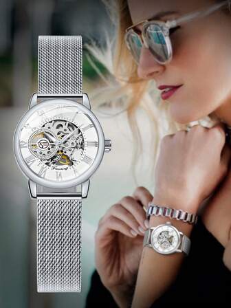 FORSINING 1pc Fashion Mechanical Watches Luminous Hands Mesh Stainless Steel Strap Classic Skeleton Roman Numeral Scale Dial Business Elegant Ladies Watches Top Brand Luxury Christmas Day New Year Birthday Gifts