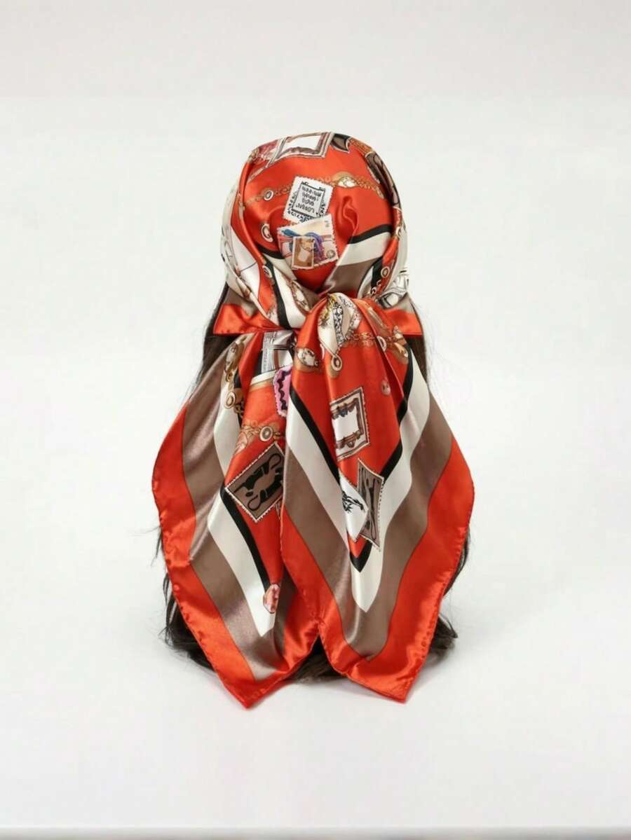 Large Silk Scarf 90x90 Cm, Satin Headwrap, Silk Shawl, Super Fashion - 亮橙色 - 查看 1