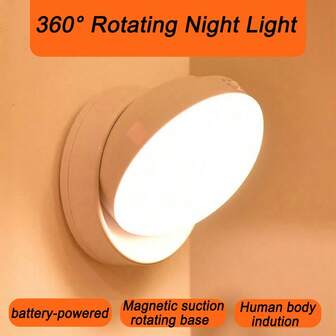 1PC 360 ° Rotating Night Light,Light,Wall Light, Battery Powered, Cabinet Light, Indoor Motion Sensor Light, Decorative Indoor Lighting, Warm Light And White Light, LED Light Under The Cabinet, Indoor Motion Sensor Night Light, Indoor Lighting, Mirror Light, With LED Motion Sensor, Suitable For Stairs Or Bedrooms, Rooms, Kitchens, Bathrooms, Stairs, Shelves
