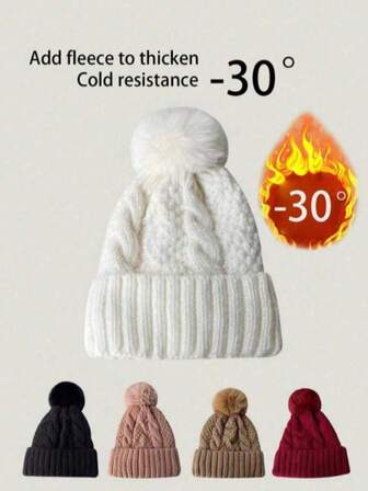 1pc Autumn And Winter Warm Knitted Hats, Women's Hats, Large Wool Ball Solid Color, Versatile European And American Woolen Hats, Fleece And Thickened Outdoor Cycling Hats, Fashionable, Individual, Versatile Striped Bohemian Casual, Elegant And Retro Street Polyester Fiber (Polyester) Solid Color Hats, Autumn And Winter Seasons