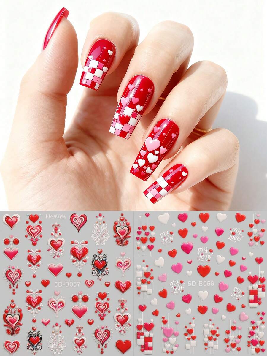 2 pezzi Adesivi per unghie a tema San Valentino con cuori in rilievo - Rosso, Rosa, Disegno a cuore, Adesivi per arte di unghie, Adesivi 5D in rilievo, Adatti per festival musicali, stagione di matrimoni, carnevale, tema del Ramadan, facili da applicare per decorare le unghie, Fai da te, Regalo, Trucco per feste, Unghie stile Y2K