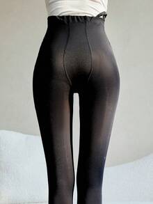 1 Pc Black Knit Minimalist Maternity Leggings - Ankle-Length, Adjustable Stretch Band For Spring & Autumn