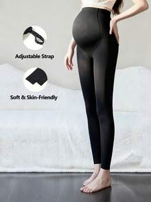 1 Pc Black Knit Minimalist Maternity Leggings - Ankle-Length, Adjustable Stretch Band For Spring & Autumn