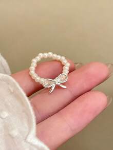 3Pcs Minimalist Bow Pearl Beaded Rings Set, Adjustable Stackable Jewelry – Sophisticated Daily Wear Gift For Christmas, Valentine's & Birthday - trắng - Xem 4