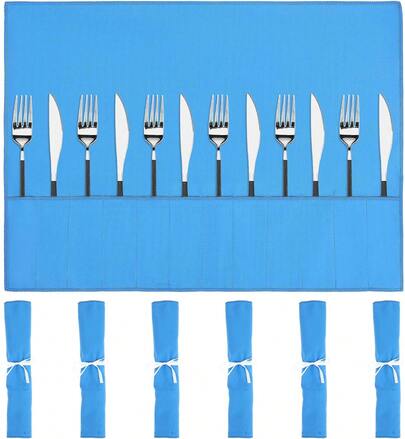 6 Pcs Silver Storage Bags 13.8" X 18.9" Anti Tarnish Silver Protector Bags Blue Holder With White Ribbon For Silverware Flatware Storage Organizer Place Setting Roll For Utensils, Jewelry, Tableware