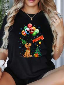 Mickey Mouse And Pluto Christmas T-Shirt Merry Holiday Balloons Tree Gift Design Women's Casual TopWomen's T-Shirt With Round Neck And Short Sleeves, Disney Theme Fun Printing, Suitable For Christmas Partysports Activitiesholiday PartiesoutingsNew Year Gift Sports And Other Holiday Gifts (220g). - 黑色 - 查看 2