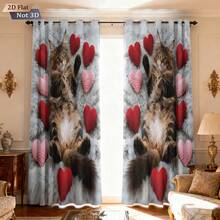2pcs/Set Valentine's Day Heart Design (2-Panel Split): Colorful Heart & Kitten Printed Blackout Curtains, Suitable For Living Room And Bedroom, Made Of Polyester Fabric, Machine Washable, Home Decor - 2132+DKCL - View 7
