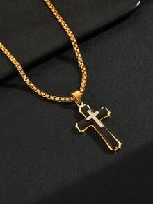 1件/2件装 时尚个性朋克风不锈钢黑色十字架吊坠，镶嵌锆石，百搭高端男士项链 - A十字架項鍊 - 查看 6