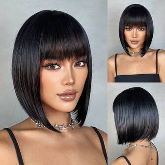 Elegant Women's Short Bob Wig 12/16-Inch Straight Synthetic Hair 150% Density Glueless Pre-Plucked Baby Hair Rose Net Cap Natural Look For All Light Beige Tones & Occasions, Versatile Hairpiece, Highdensity Hairpiece