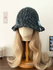 Minimalist Knitted Bucket Hat With Elegant White Bow, Women's Warm Ear Protection Large Head Circumference Knitted Hat, Sweet Cute Handmade Crochet Knitted Hat, Versatile Knitted Hat With Ear Protection, Bucket Hat