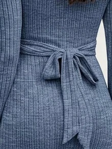 Maternity Solid Color Elegant Casual Ribbed Twist Knot Crossover Dress, Everyday Wear, Spring/Autumn - Blue - View 5