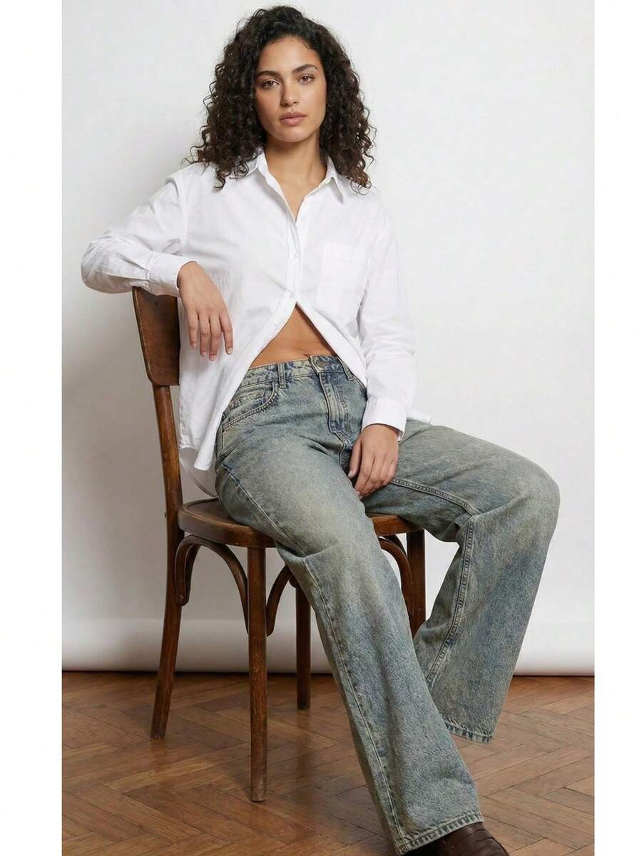 High-Waisted Rigid Denim Wideleg Fit Jeans - Authentic Dirty Blue Wash 100% Coton, Made In Türkiye - Blue - View 1