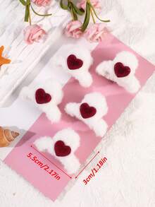 5个毛绒爱心发夹 - 白色蓬松绒面，亮丽爱心造型 - 女士温柔半扎发造型 - 约会及日常发饰 情人节发夹 优雅发夹 时尚发饰 - 彩色 - 查看 5