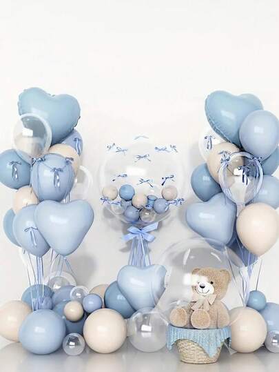 1/34pcs Light Blue And Cream Colored Balloon Party Decoration Set, Including Heart-Shaped And Round Latex Balloons, Suitable For Helium Inflated Parties, Weddings, Birthdays - Soft Blue And Beige Party Supplies (Excluding Helium), Christmas Balloons, Birthday Party Decorations, Birthday Balloons