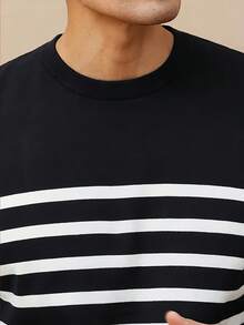 Plus Size Men's Contrast Striped Short Sleeve Soft Knit Sweater - Black - View 3