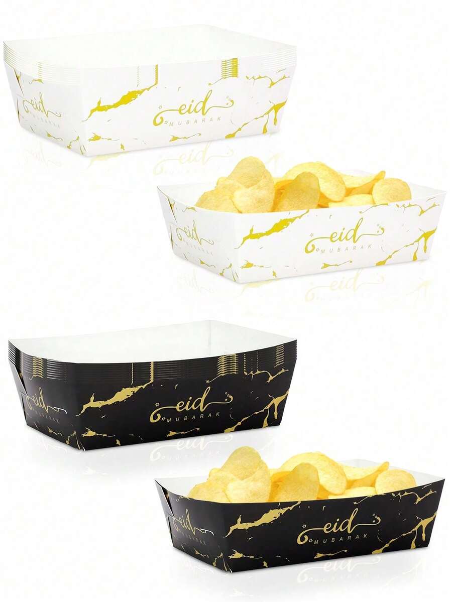 10pcs/20pcs/40pcs White And Golden Eid Mubarak Food Trays Party Supplies Eid Party Decorations Paper Food Boats For Muslim Ramadan Party Eid Food Tray For Chips Fresh Fries Nachos Candy - Multicolor - View 1