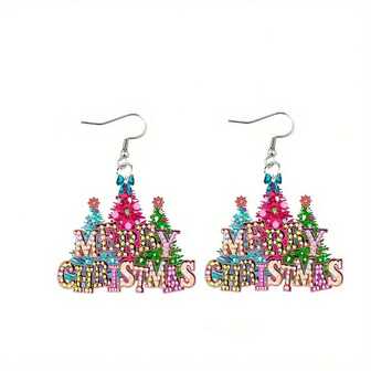 1 Pair Charming Wooden Christmas Tree Dangle Earrings Vintage Party Style, Perfect Holiday Gift For Her