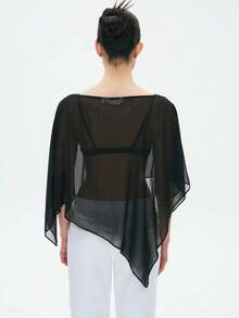 Women's One-Shoulder Sheer Mesh Poncho Asymmetrical Lightweight Shawl See Through Cover Up Top - màu đen - Xem 5