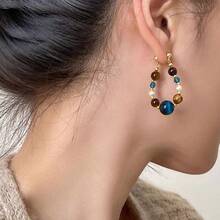 Silver Needle Pearl Tiger Eye Stone Crystal Beaded Water Drop Pendant Earrings Vintage Earrings Studs Niche Design Sense Ear Jewelry - #2 Kim Bạc - Vàng - Xanh - Xem 6