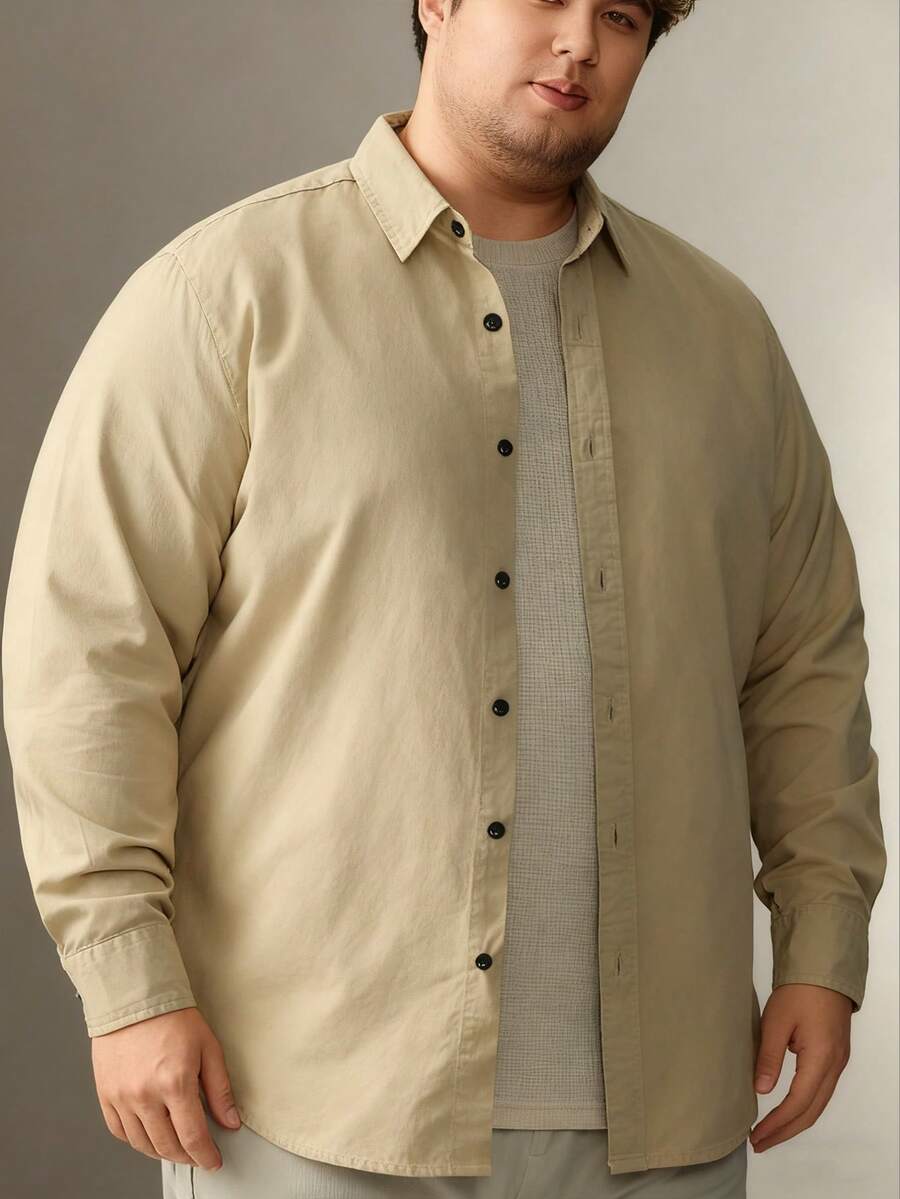 Plus Size Men's Khaki Solid Color Long Sleeve Shirt, Classic Autumn New Style Casual Shirt Top - Khaki - View 1