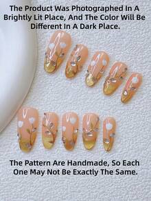 10 Stücke Y2K Mandel-Nagel-Set zum Aufkleben - handgefertigt, rosa Nägel, gelbe Nägel, Katzenauge Französisch Spitzen Nägel, handgezeichnetes weißes Blumen- und Blätter-Design, funkelnde Blätter Strass Dekoration - Verschiedenfarbig - Übersicht 4