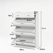 Schuhschrank mit 3 großen Klappen und 2 Schubladen, Holz, Aufbewahrungsmöbel für Eingangsbereich und Wohnzimmer, Schuhregal mit Klappen und Schubladen,B80/T23.5/H131 cm - Weiss - Übersicht 7