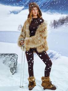 Leorrey One Set Women's Seamless Fashion Versatile Round Neck Contrast Color Fitted Long Sleeve High Waist Long Pants Sports Ski Clothes Winter - Coffee Brown - View 9